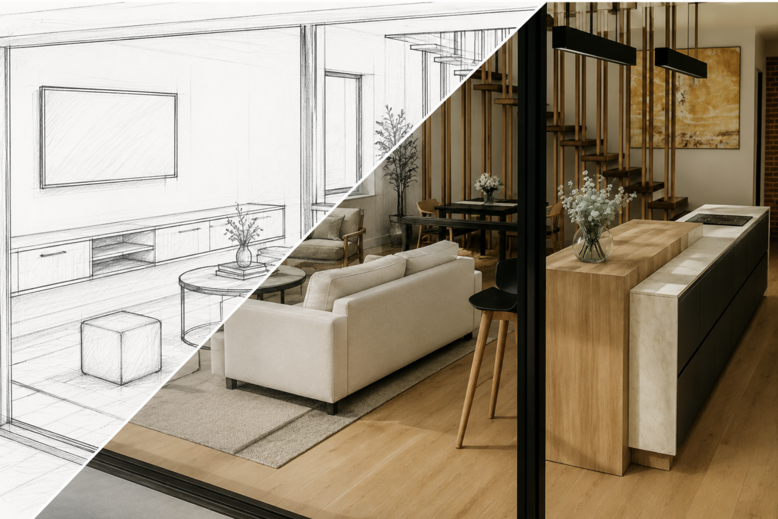 Diagonal split screen showcasing a technical interior design perspective drawing transitioning into a finished luxury home interior with oak flooring, custom timber joinery, and a modern living area.