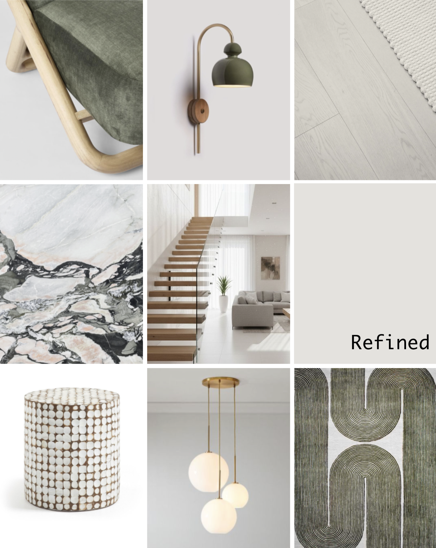 Refined interior design concept mood board featuring green velvet upholstery, a modern wall sconce, light oak flooring, striking marble slabs, a floating timber staircase, and text reading Refined.