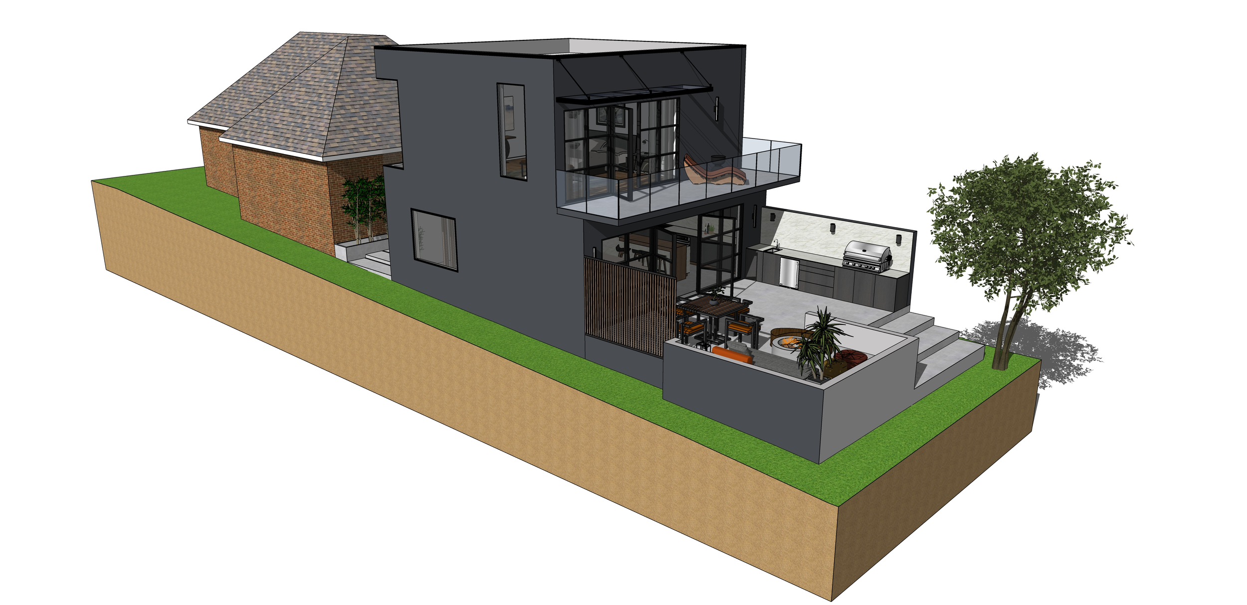 3D architectural massing model generated in Revit showcasing a modern two-storey residential home extension, outdoor alfresco entertainment deck, and site layout by Cloud23 Design.