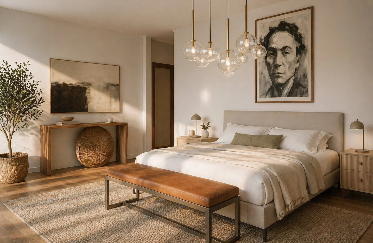 Warm minimalist master bedroom renovation in Sydney featuring a neutral upholstered bed, leather bench seat, glass globe pendant lighting, and a potted olive tree.