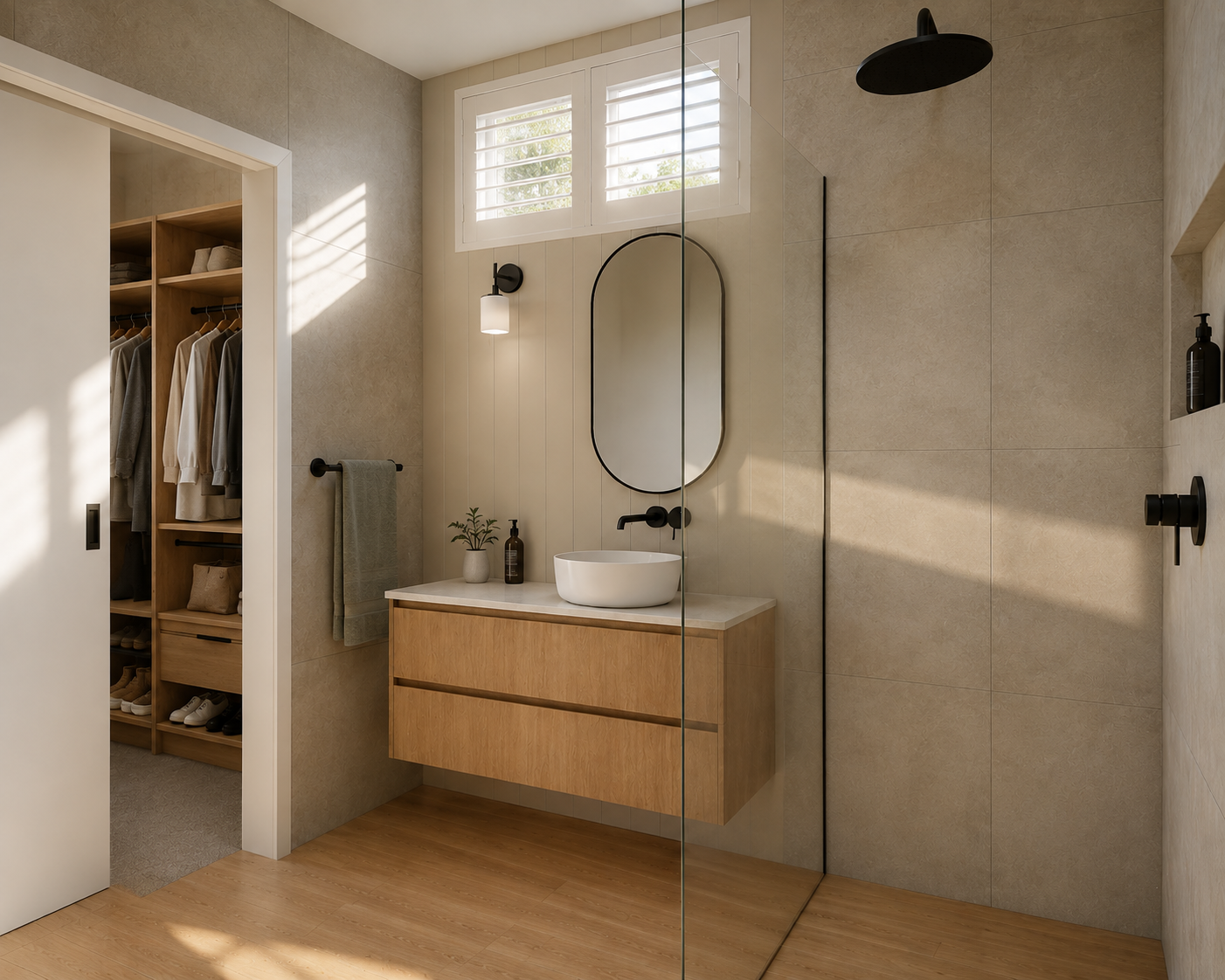Luxury residential bathroom renovation in Sydney featuring a floating timber vanity, stone benchtop, vessel basin, matte black tapware, an oval mirror, and a seamless walk-in shower layout leading into a custom walk-in wardrobe.