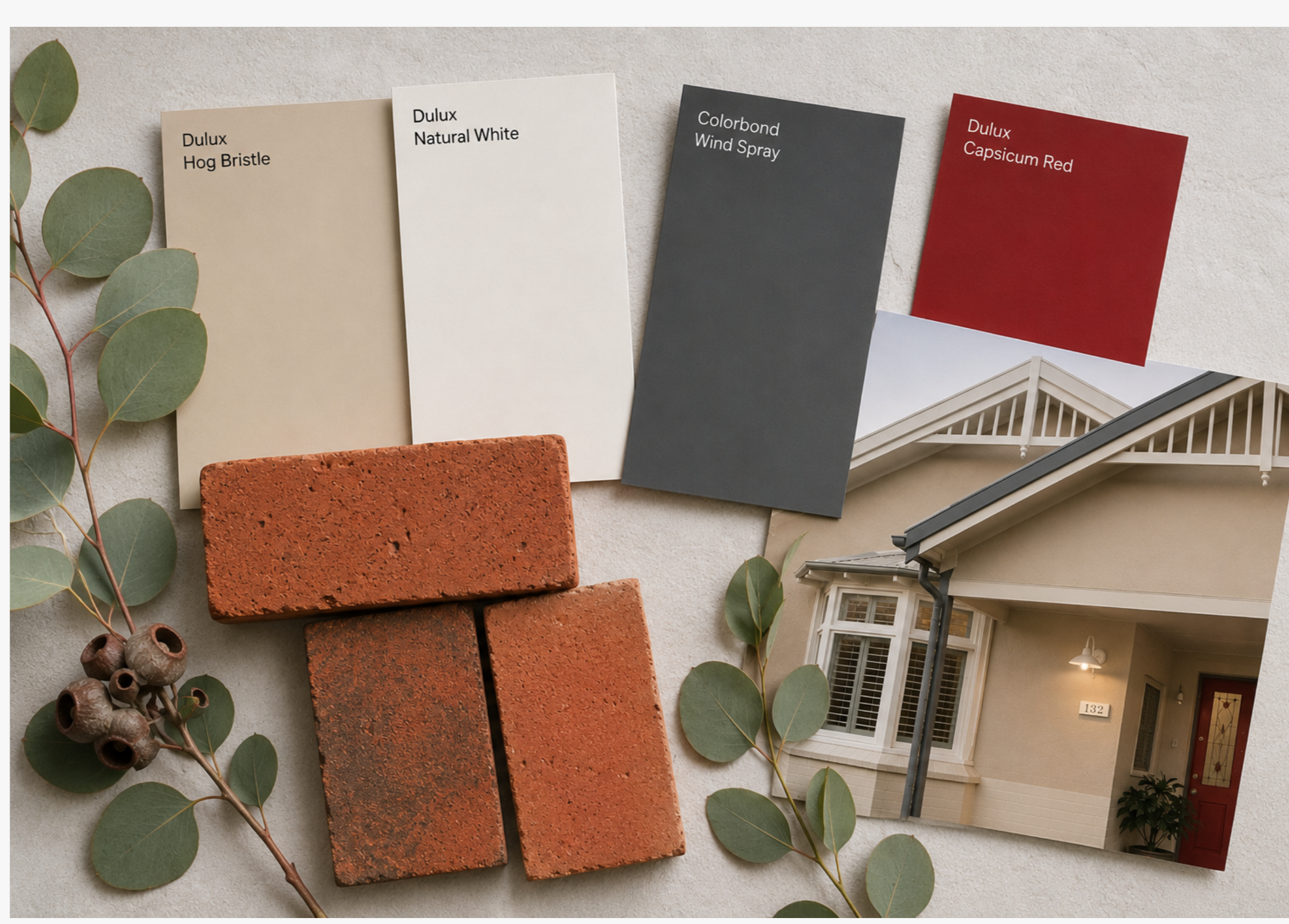 Interior design material selection palette including Dulux paint swatches, textured red bricks, and charcoal architectural samples.
