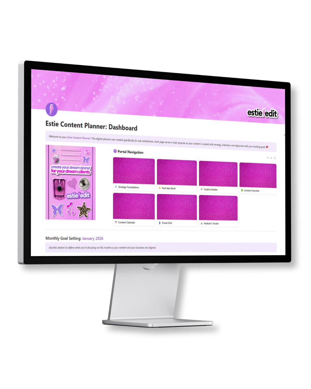 Computer monitor displaying a digital planner dashboard called Estie Content Planner with purple-themed palette, featuring various sections and tools for content planning for solo estheticians.