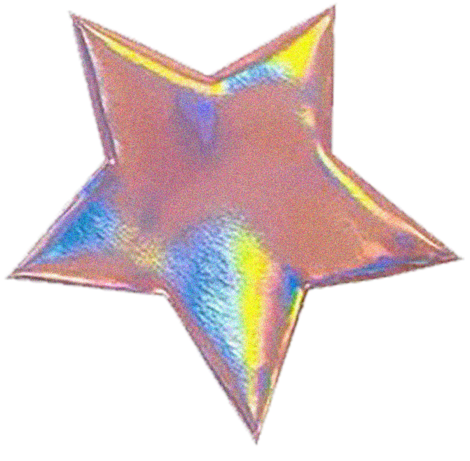A shiny, iridescent star-shaped balloon with a holographic surface reflecting rainbow colors.
