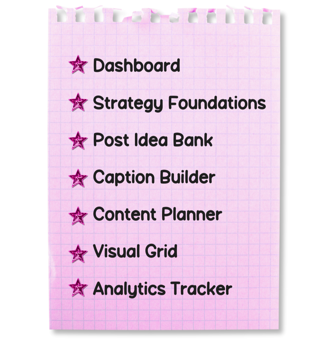 List of menu items on pink grid paper, including Dashboard, Strategy Foundations, Post Idea Bank, Caption Builder, Content Planner, Visual Grid, and Analytics Tracker, each marked with a purple star.