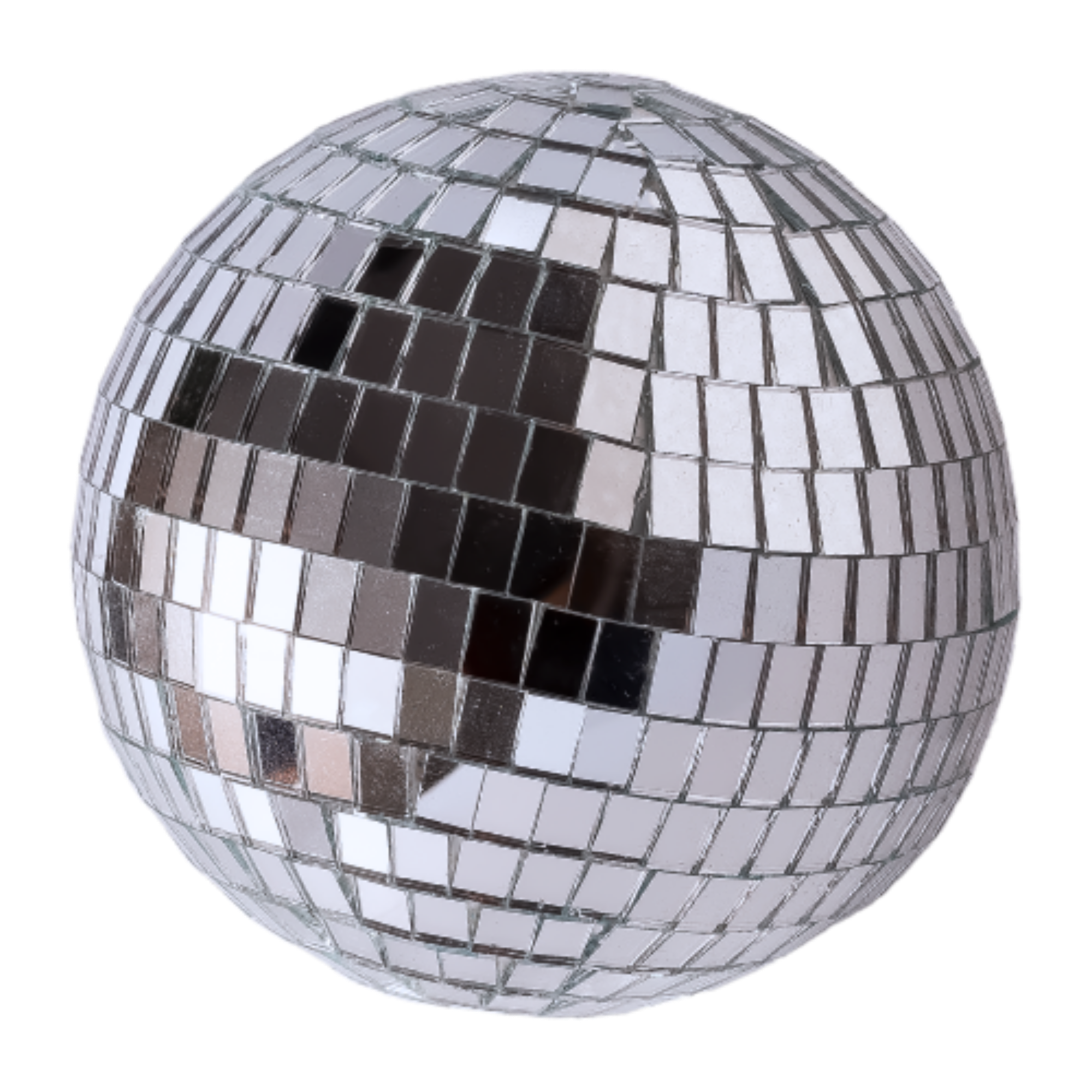 Spherical disco ball covered in small square mirrors reflecting light.