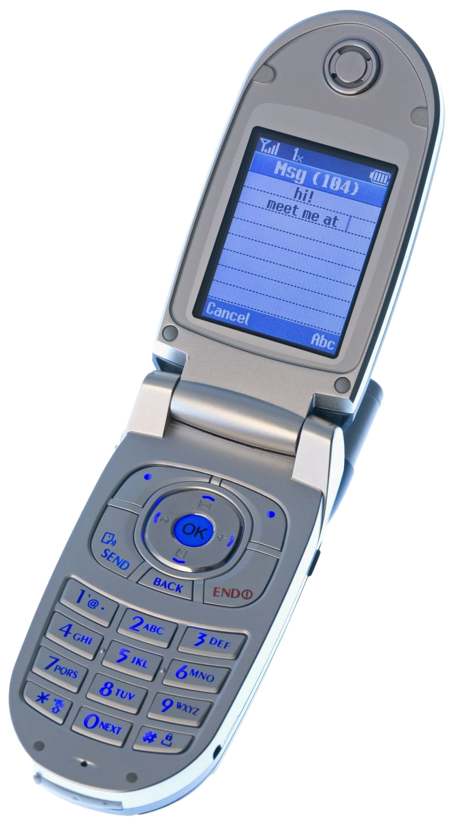 Flip phone with a message on the screen saying 'Hi! meet me at' and options to cancel or change text.