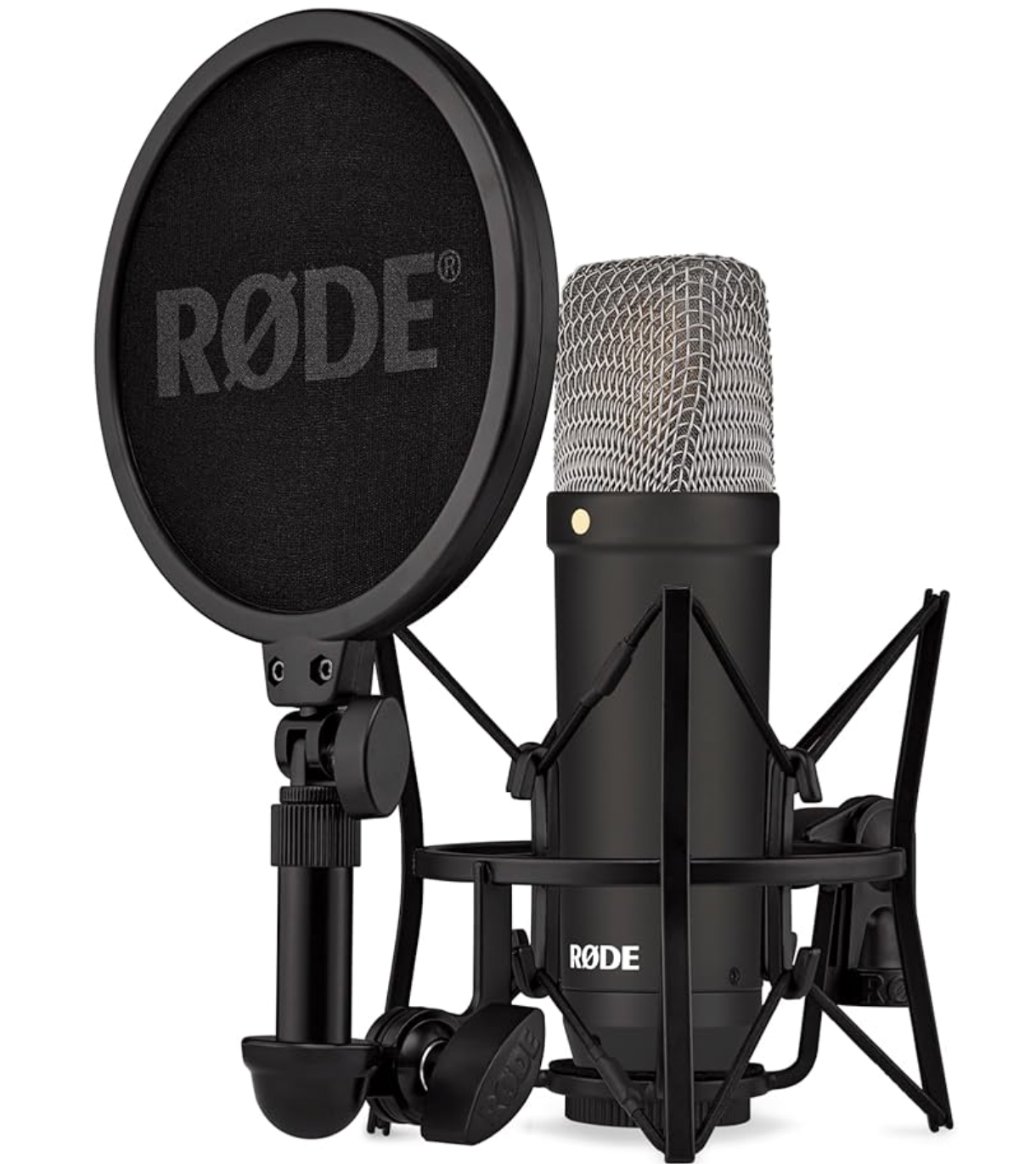 Recording microphone, pop filter, shock mount, and XLR cable