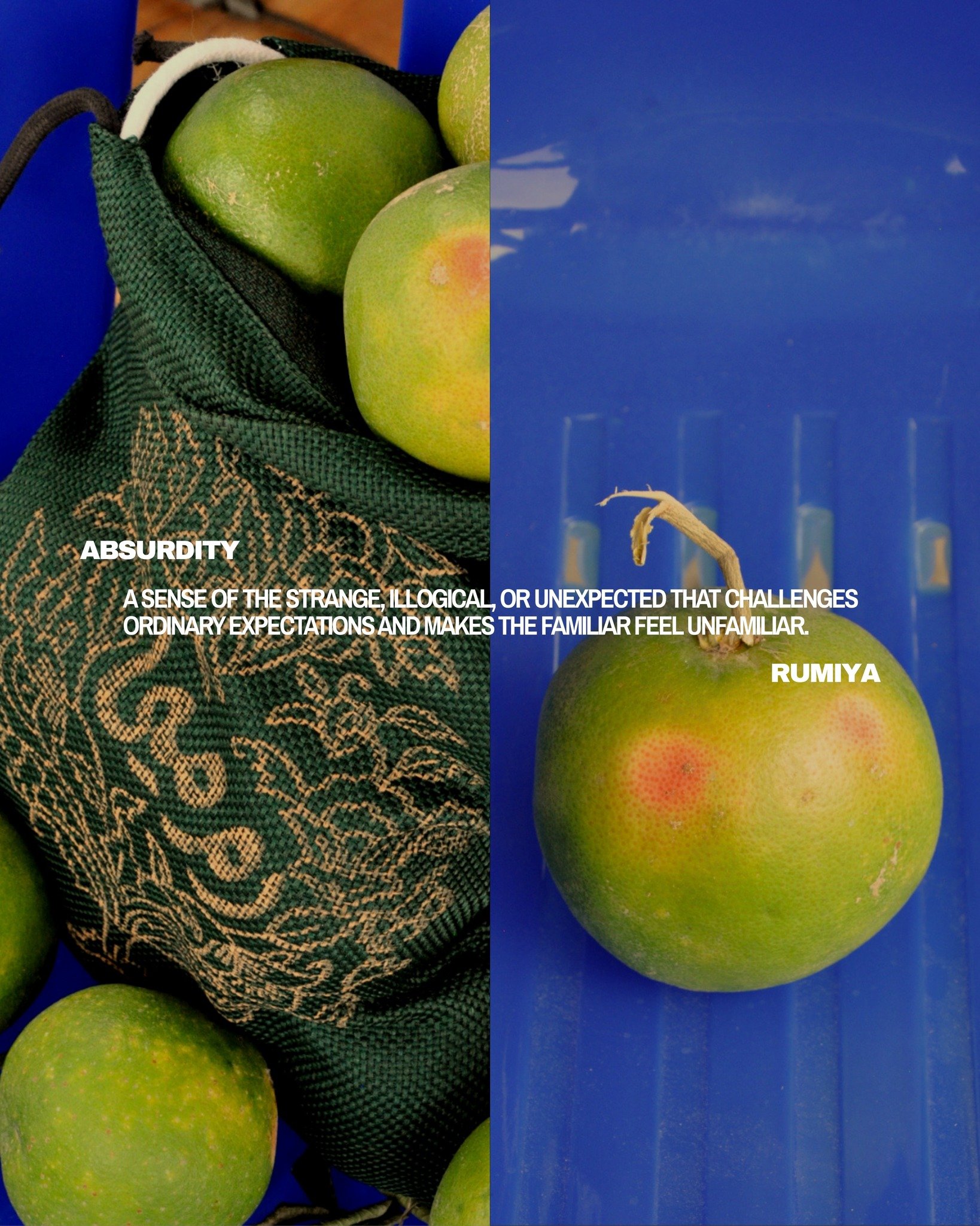 A familiar object, placed somewhere unexpected &mdash; exploring texture, colour, touch, and the strange connections between the things around us.
Rumiya, in the everyday and the absurd.