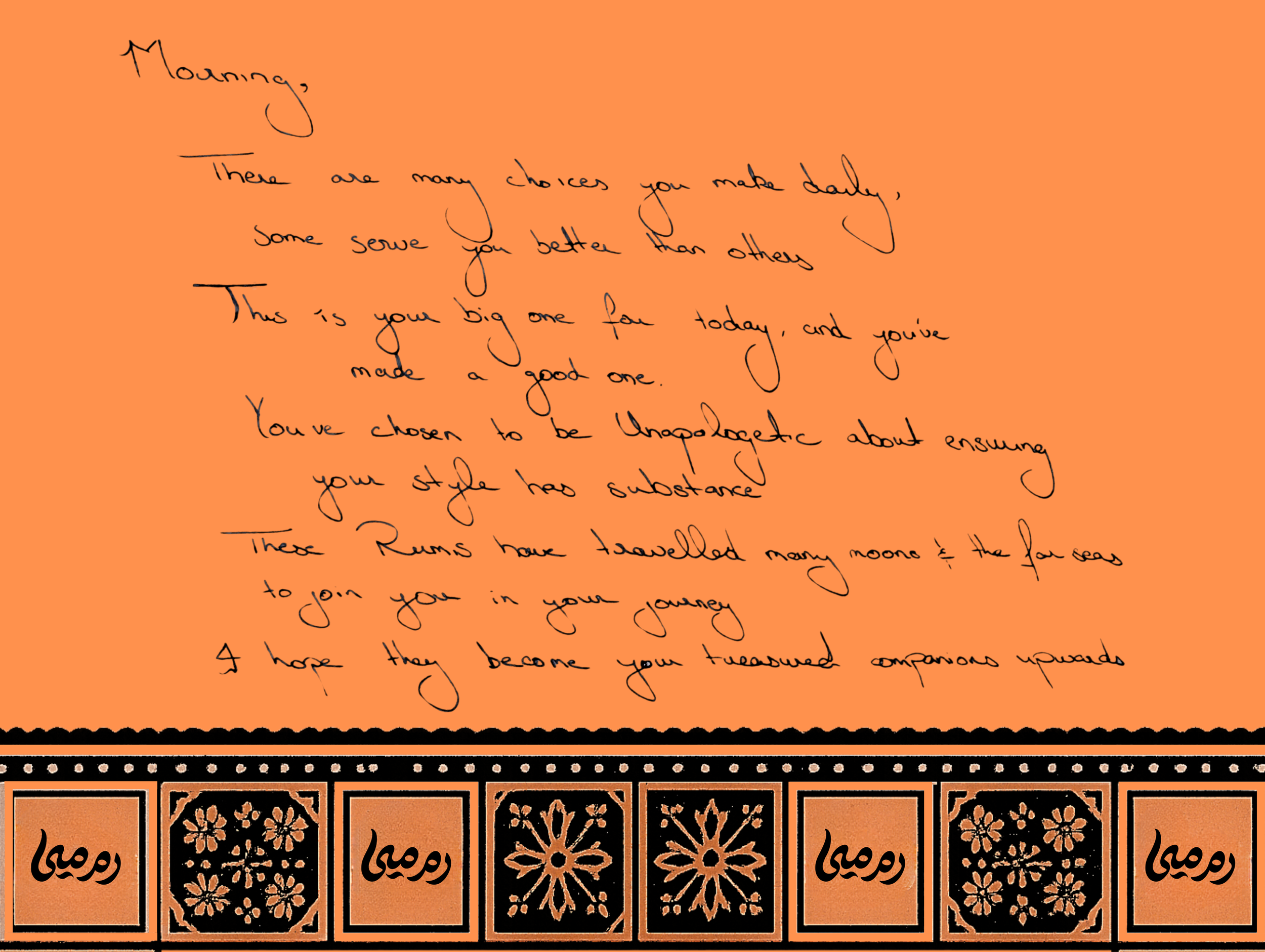 A handwritten poem on orange background with decorative black border at the bottom containing floral patterns and the word "Rumi" written in Persian script.