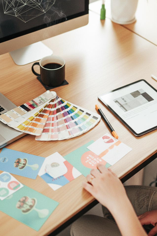 A workspace with a computer monitor, cup of coffee, color swatches, printed cards, a pen, and a tablet on a wooden desk.