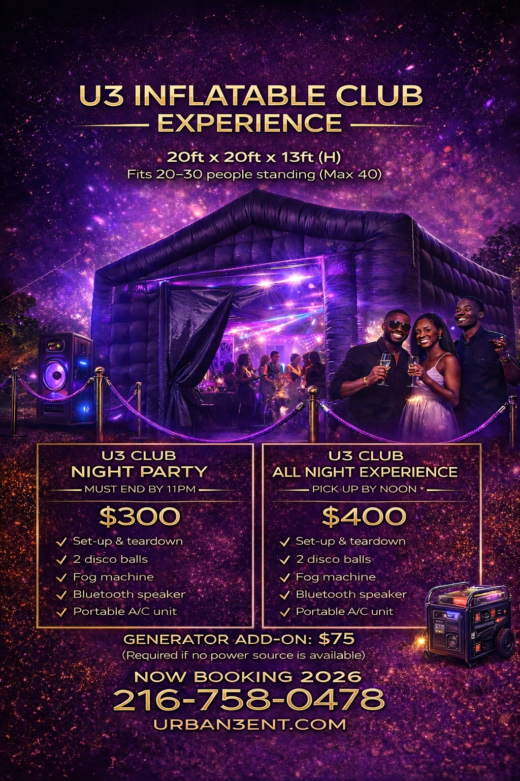 A promotional poster for U3 Inflatable Club Experience featuring a large inflatable club, a night party scene, and a group of people celebrating. The poster details pricing, amenities, and booking information.