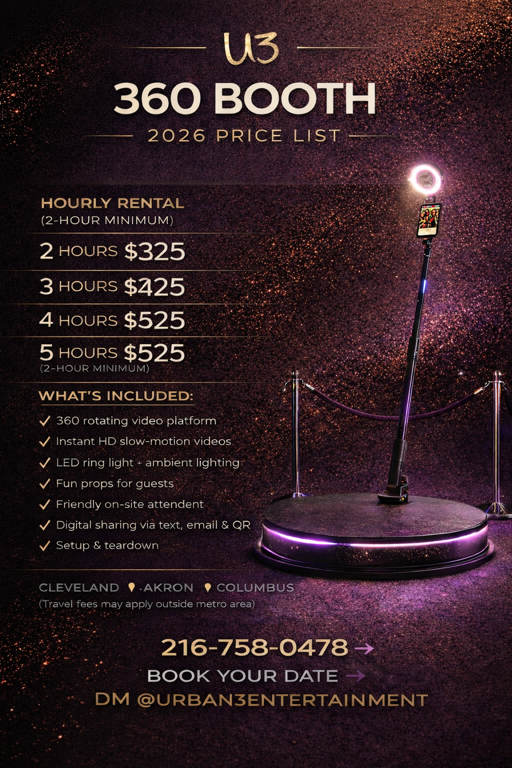 “360 video booth rental by Urban3 Entertainment showing a rotating video platform with LED lighting for slow-motion videos. Interactive 360 photo booth experience for weddings, birthdays, and events in Cleveland, Akron, and Columbus.