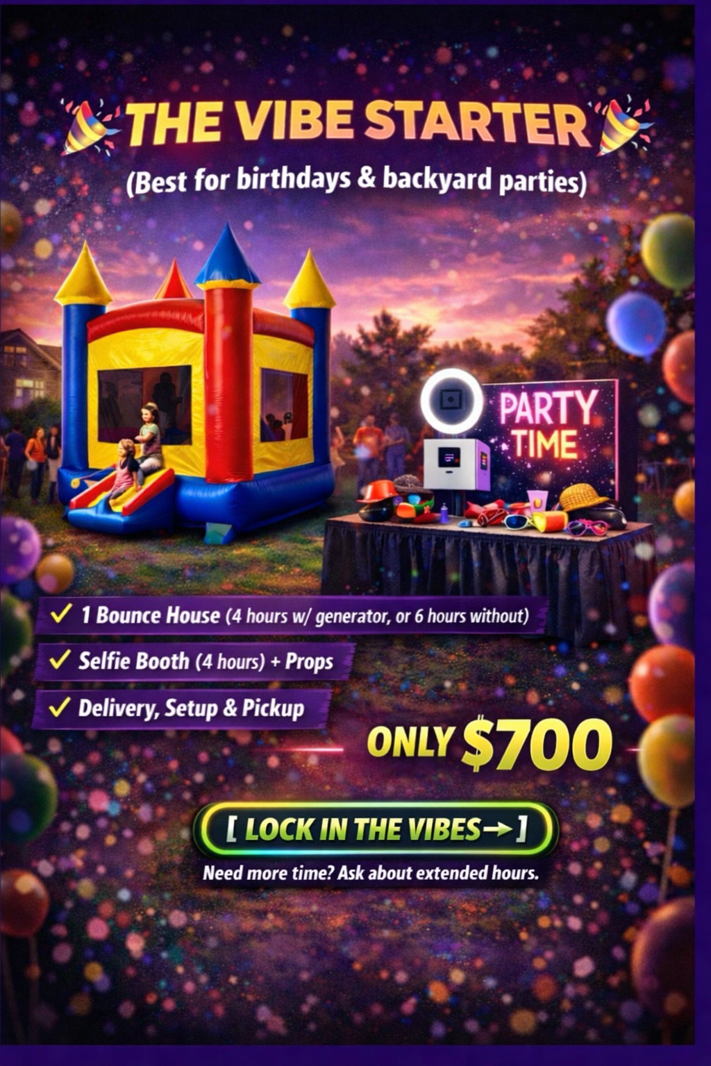 Colorful outdoor party scene with a bouncing house, a selfie booth with props, and a table of party accessories at sunset, celebrating with balloons and people enjoying the event.