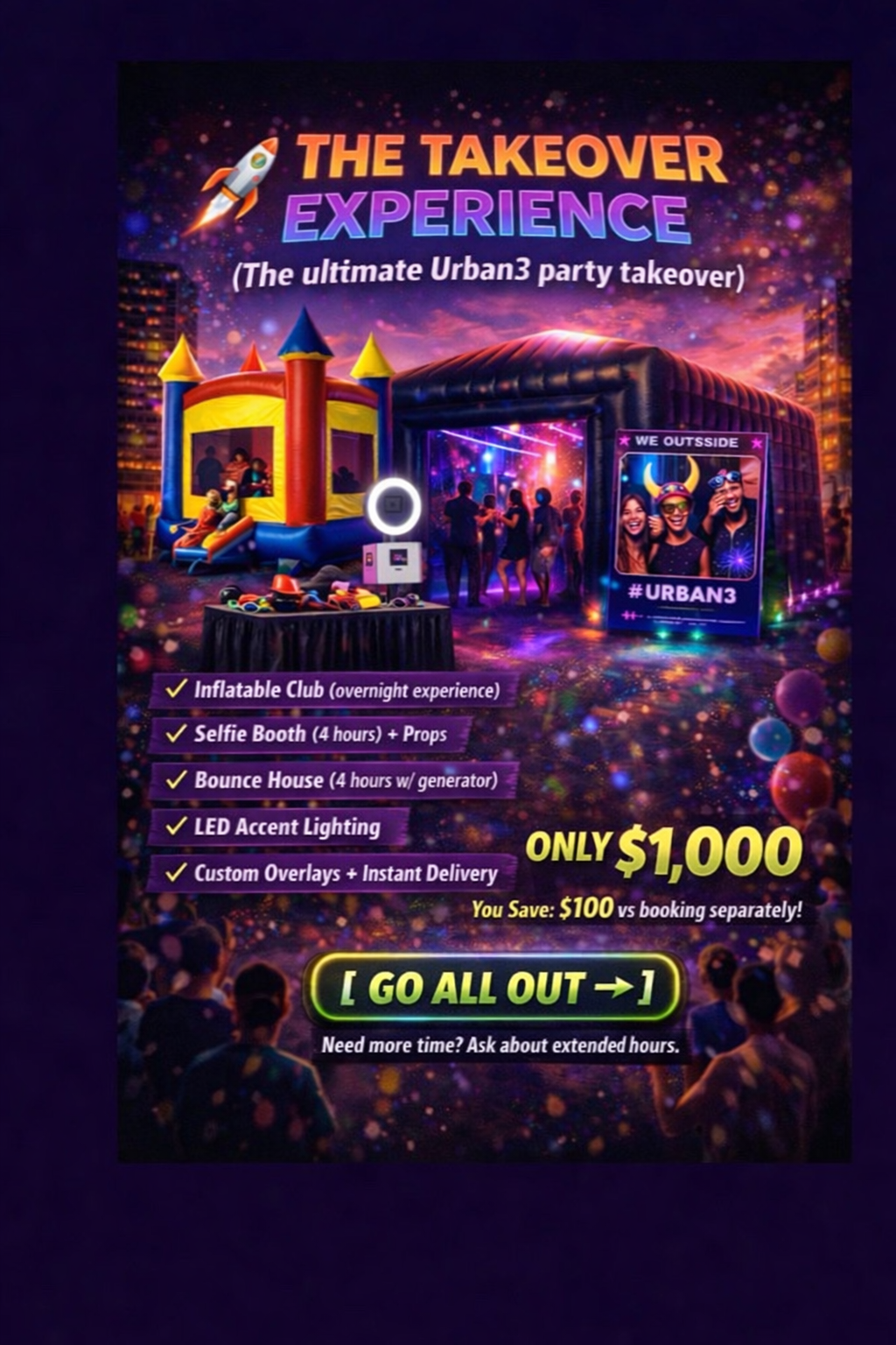 “Ultimate party rental experience by Urban3 Entertainment including inflatable club overnight setup, bounce house, selfie photo booth, custom overlays, and LED lighting. Full party takeover package for events in Cleveland, Akron, and Columbus.”