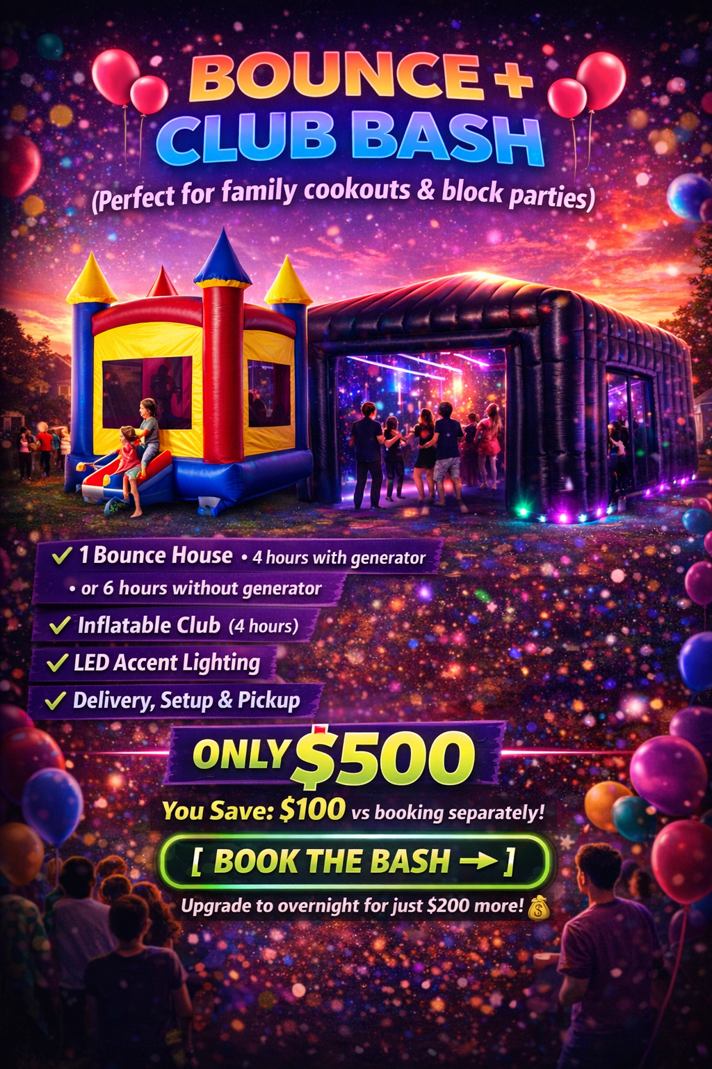 “Bounce house and inflatable club party package by Urban3 Entertainment featuring a bounce house and inflatable nightclub with LED lighting for family cookouts and block parties. Party rental bundle available in Cleveland, Akron, and Columbus.”