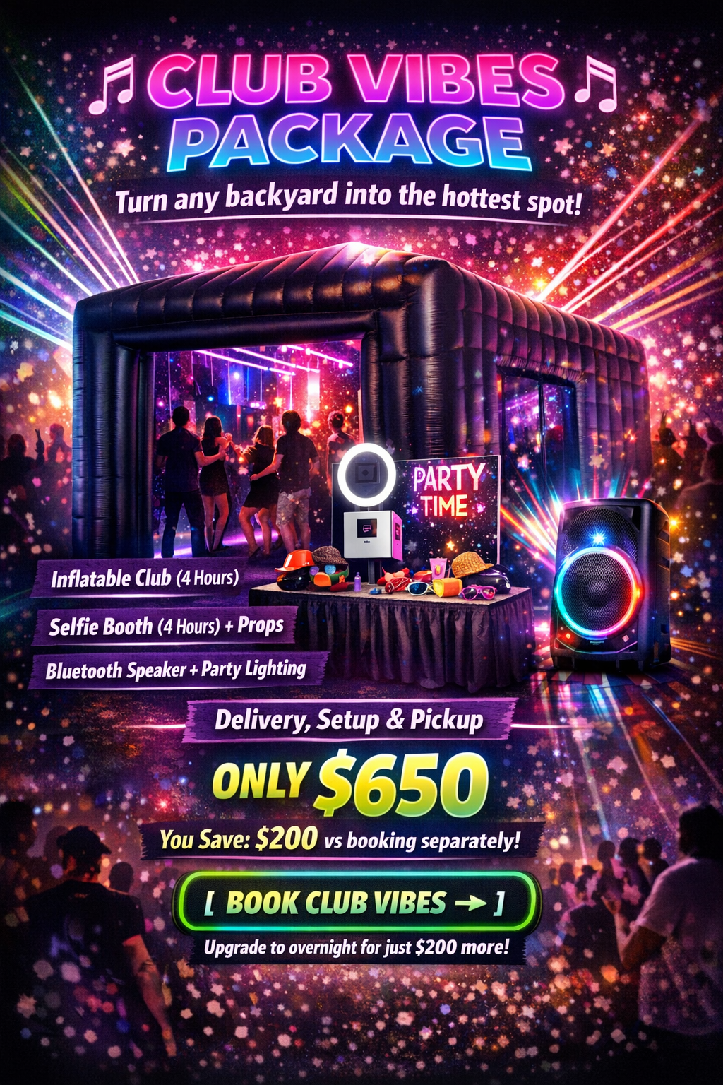 Inflatable nightclub party rental by Urban3 Entertainment featuring an inflatable club, selfie photo booth with props, LED party lighting, and Bluetooth speaker. Backyard party and block party setup available in Cleveland, Akron, and Columbus.
