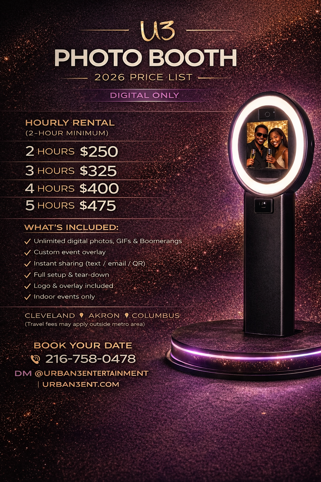 “Digital selfie photo booth rental by Urban3 Entertainment featuring LED ring light, unlimited digital photos, GIFs, and instant sharing. Event photo booth pricing for parties and celebrations in Cleveland, Akron, and Columbus.”