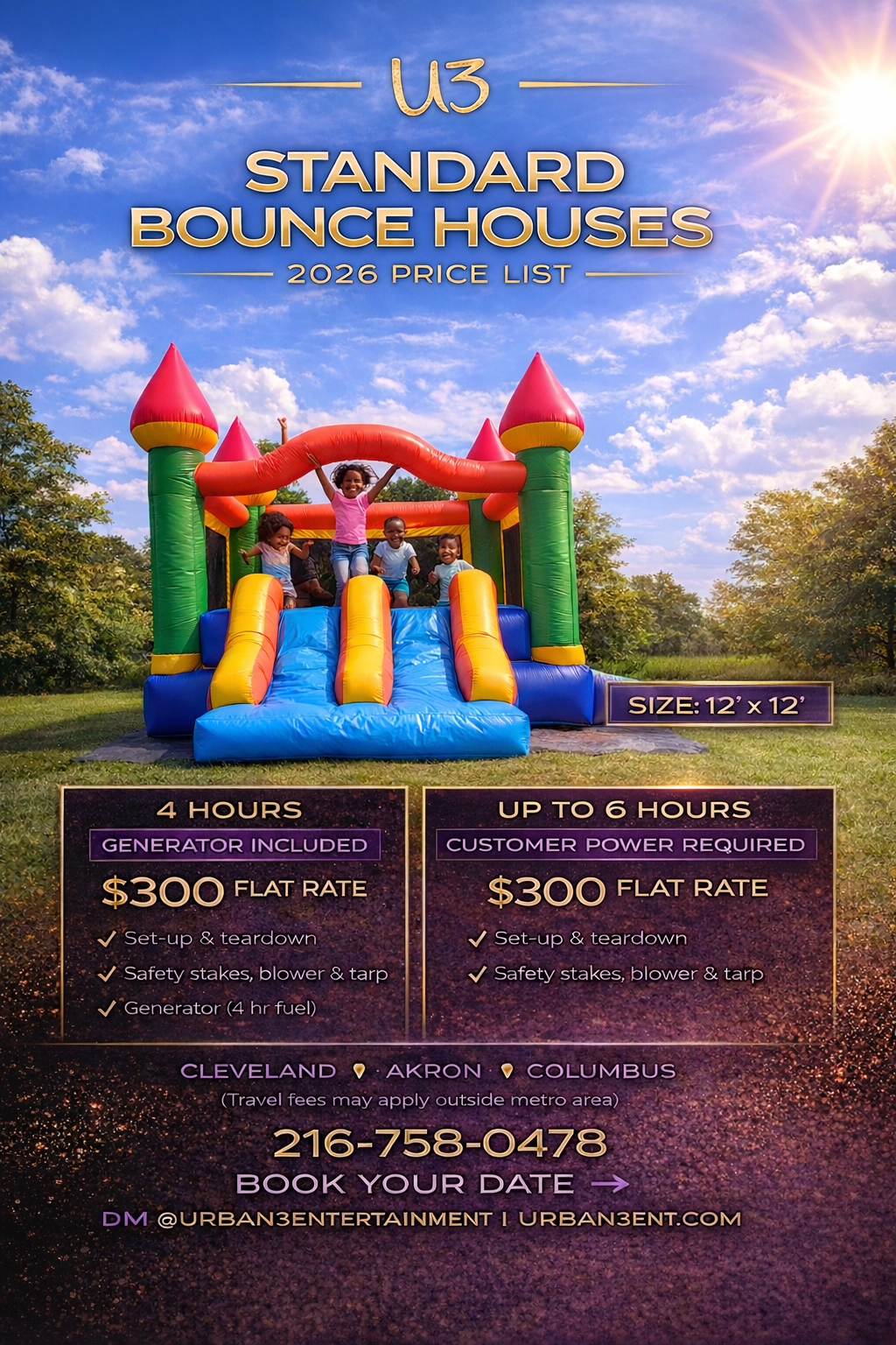 “Kids bounce house rental by Urban3 Entertainment showing children playing on a colorful inflatable bounce house with slide. Standard bounce house rental pricing with generator or customer power options for parties in Cleveland, Akron, and Columbus.”