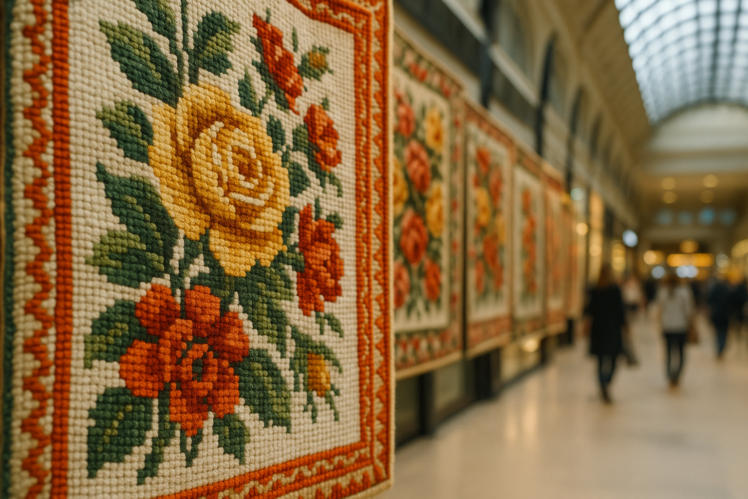A close-up of a floral cross-stitch embroidery with a yellow rose, orange flowers, and green leaves, displayed on a wall in a public space.