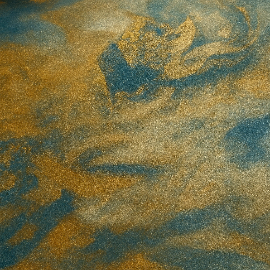 Abstract painting with blue and yellow swirls and textures.