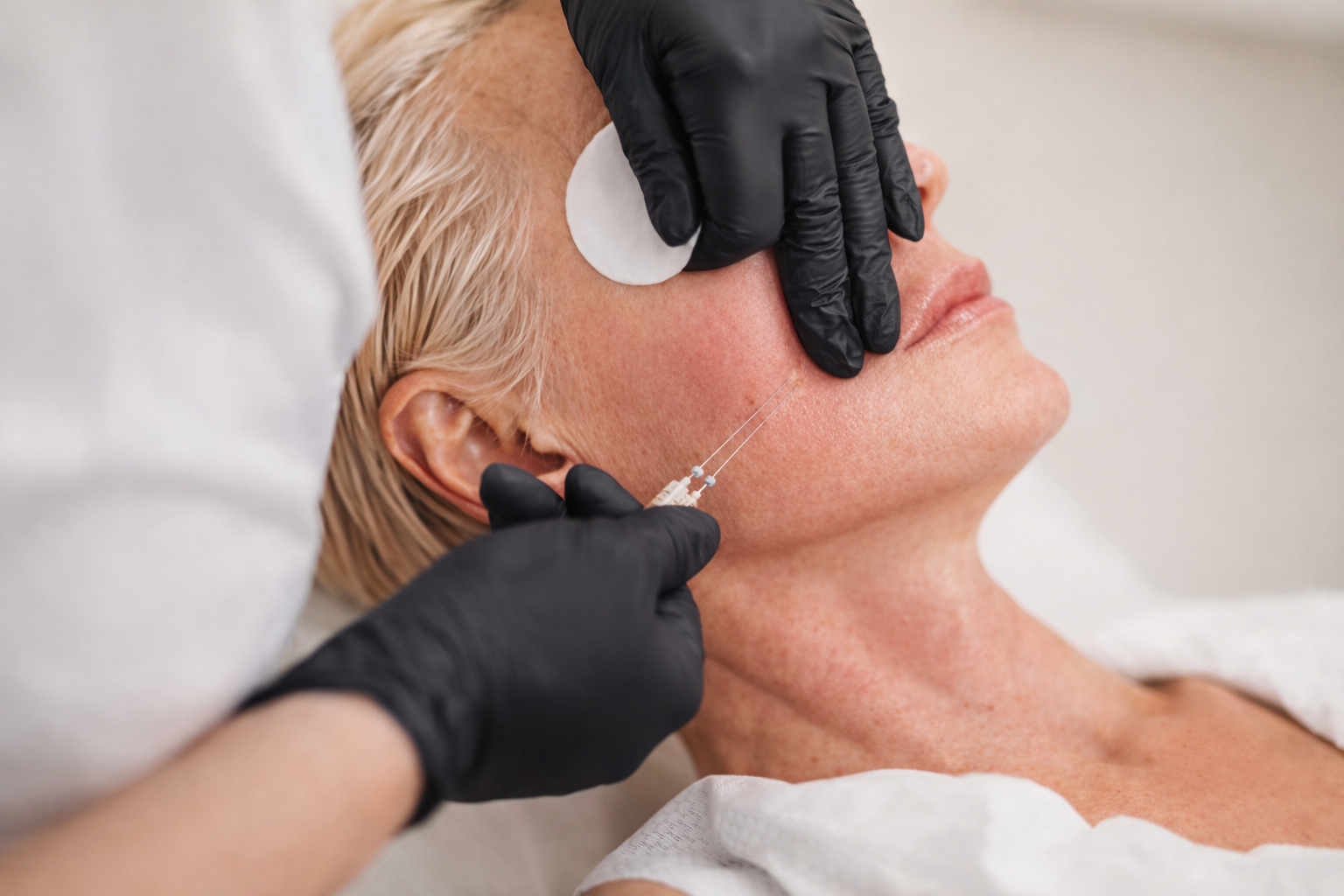 A healthcare professional administers an injection to an elderly woman's face, who is lying down with her eyes closed; the professional wears blue gloves and uses a syringe and cotton pad.