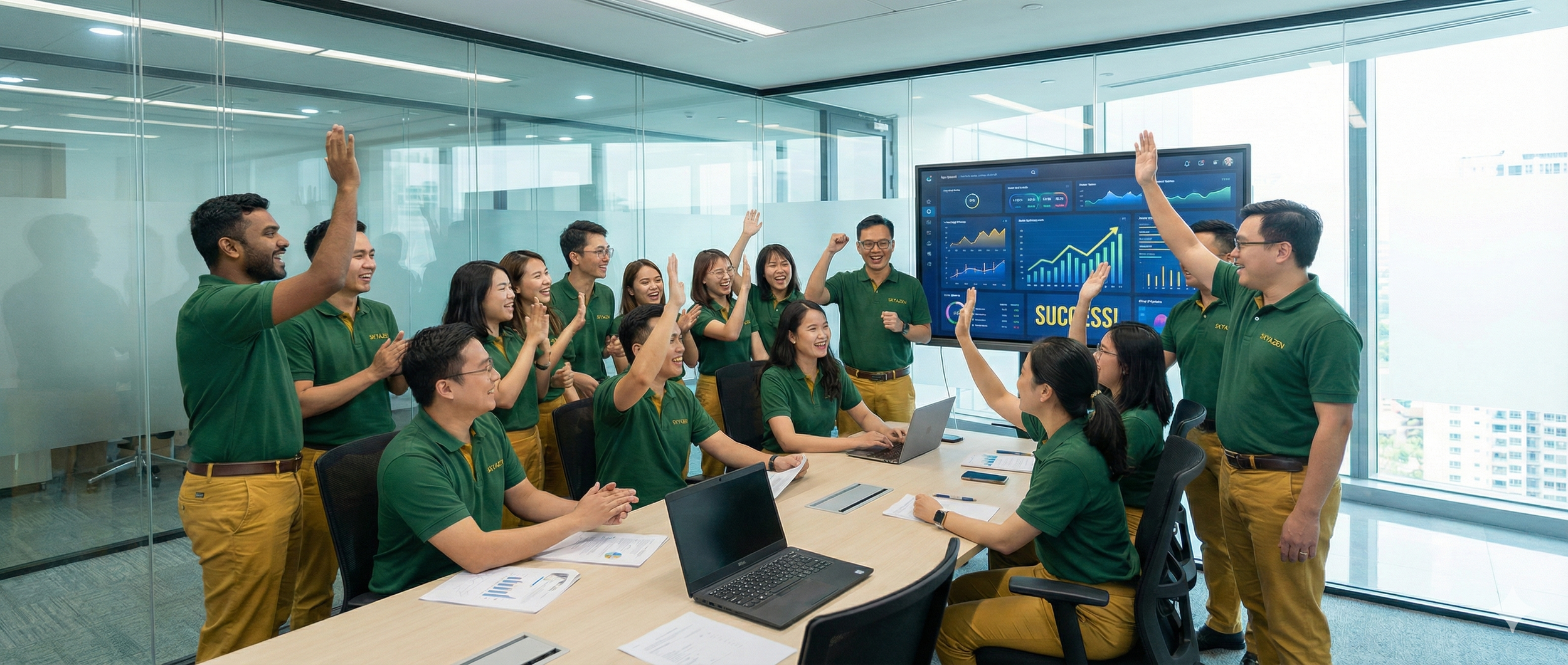 A diverse group of colleagues, dressed in green and yellow uniforms, celebrating in a modern conference room with a large screen displaying graphs and the word 'Success'. They are smiling, raising hands, and engaging with each other during a meeting.