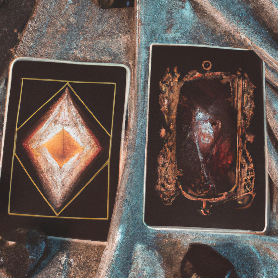 Two decks of tarot cards on a textured table, one deck showing a diamond pattern and the other with burnt-looking, ornate card backs for Felicity De Carlo Tarot reader and spiritual coach Melbourne