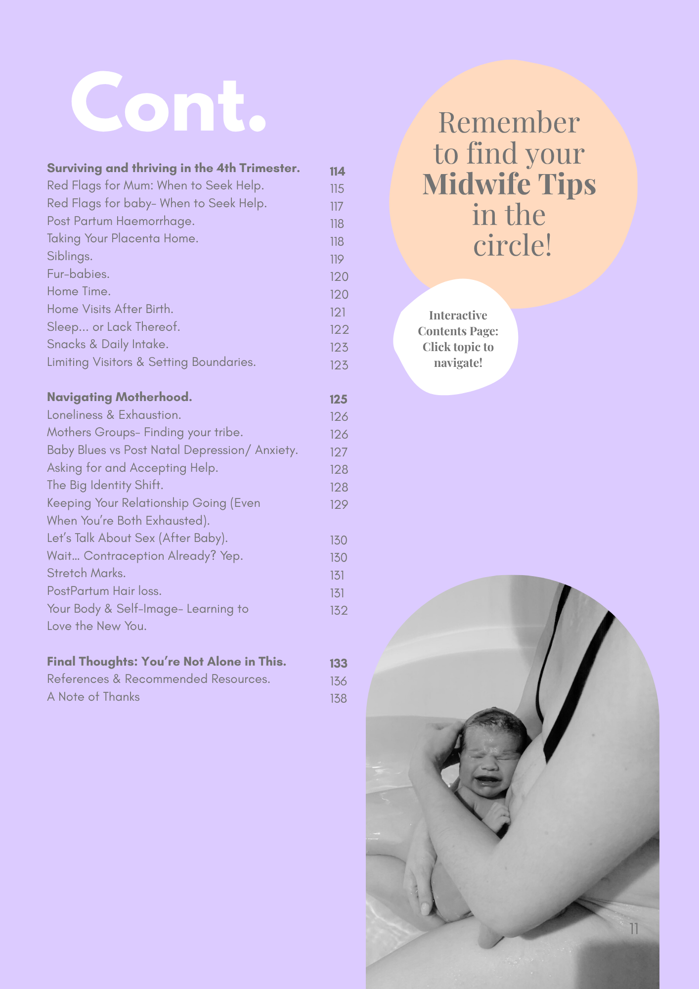 Contents page from the PostPartum eBook showing topics covered in the postpartum and newborn guide.