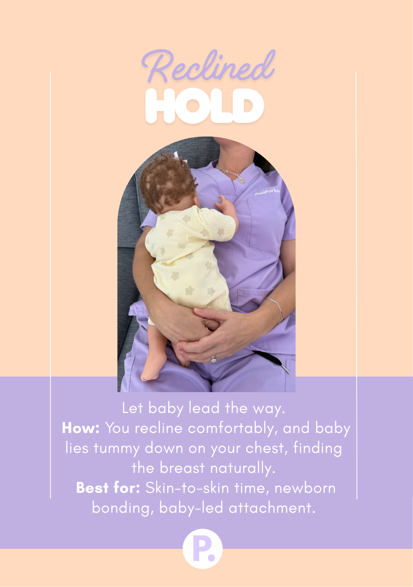 Free breastfeeding positions guide showing common holds for feeding a baby by PostPartum.