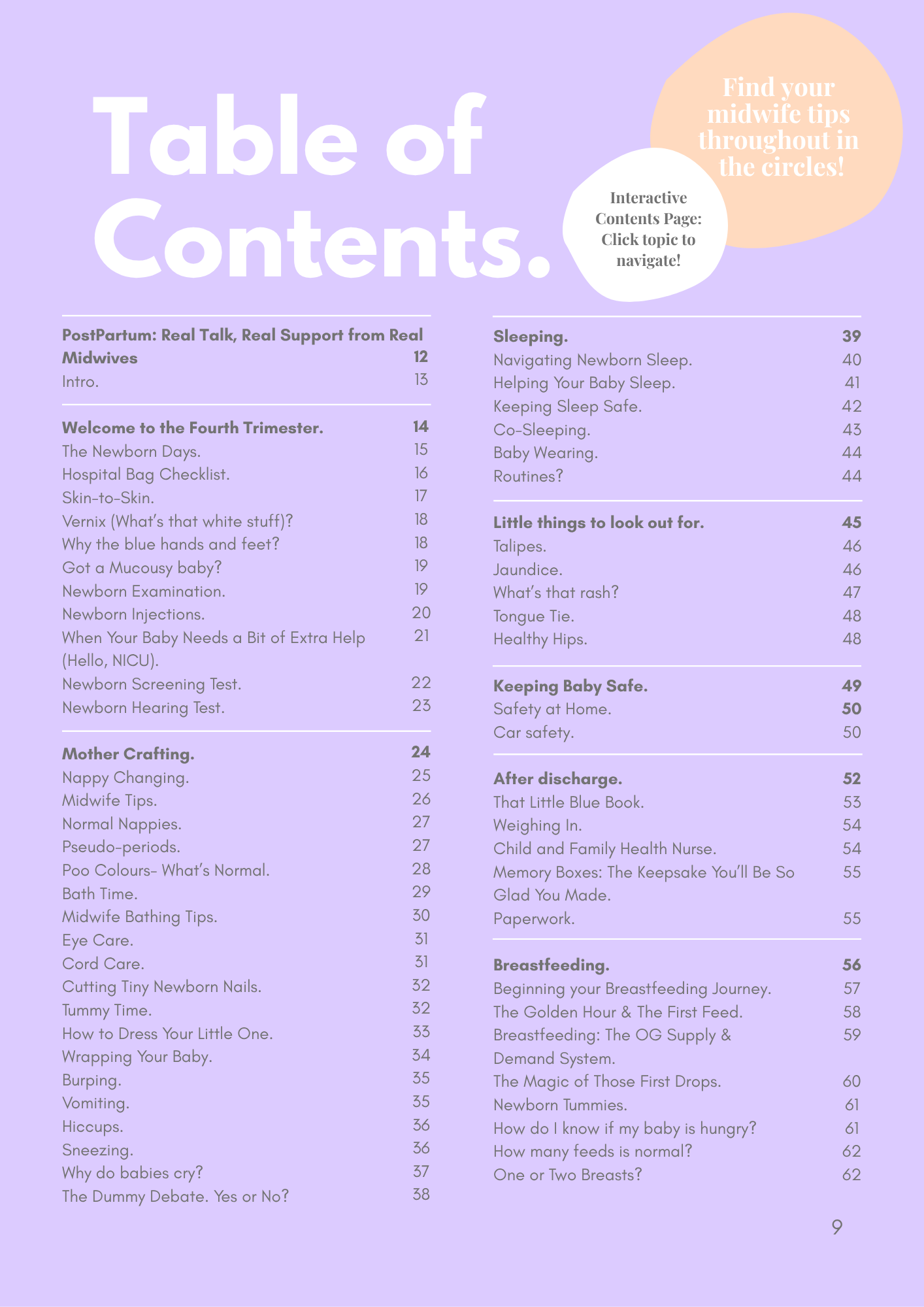 Contents page from the PostPartum eBook showing topics covered in the postpartum and newborn guide.