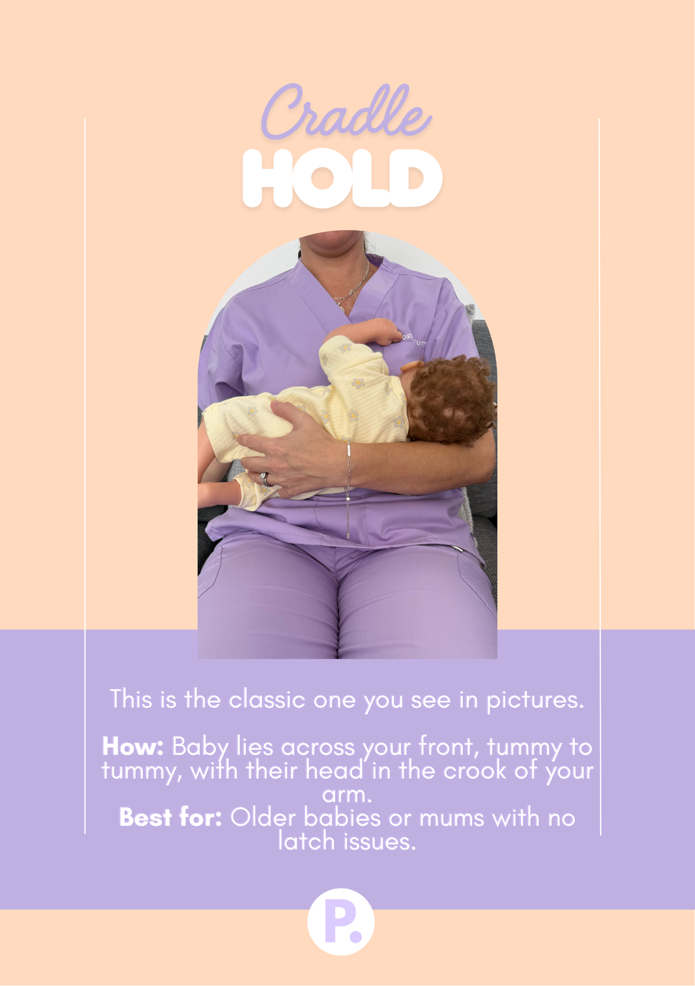 Free breastfeeding positions guide showing common holds for feeding a baby by PostPartum.