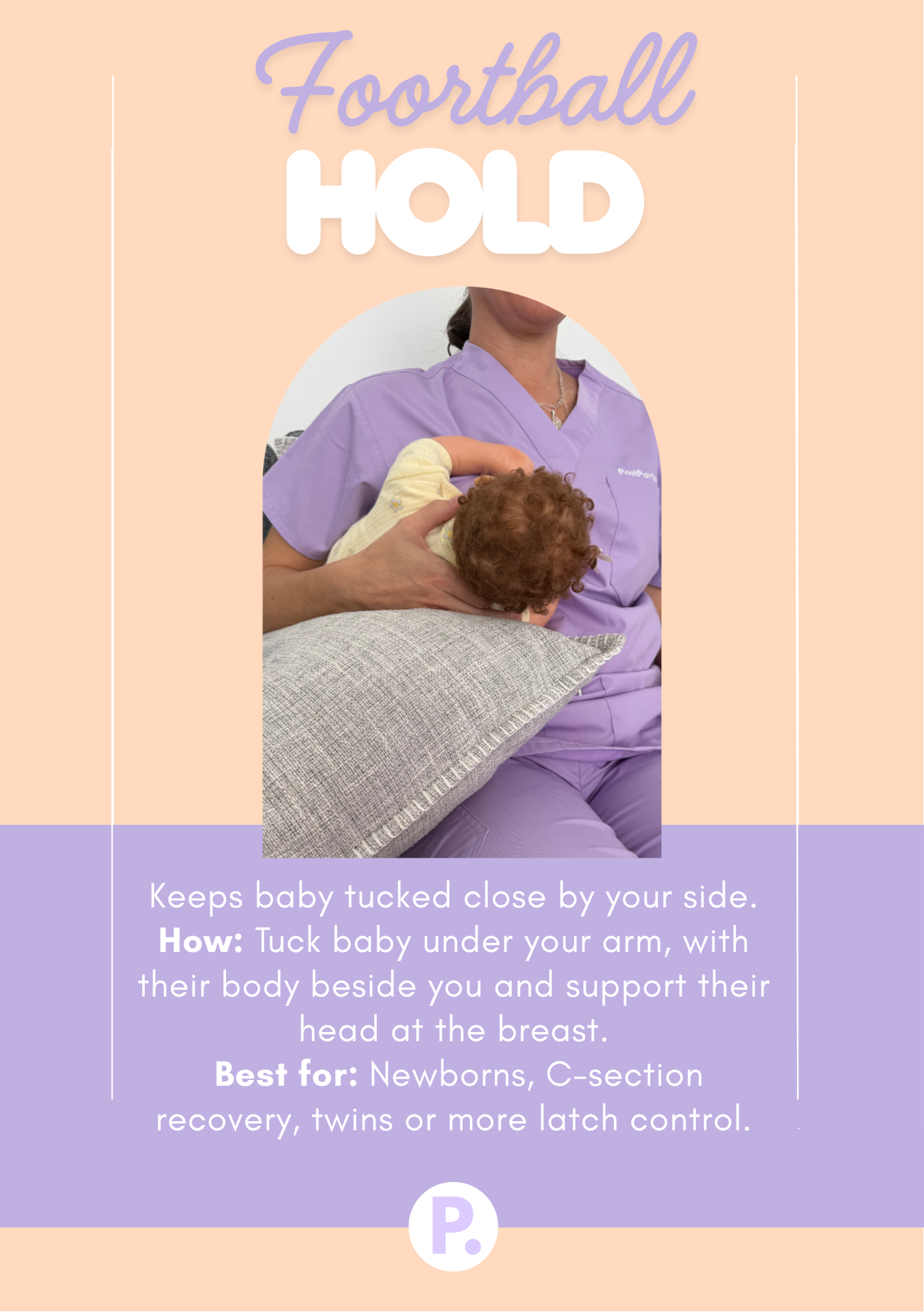 Free breastfeeding positions guide showing common holds for feeding a baby by PostPartum.