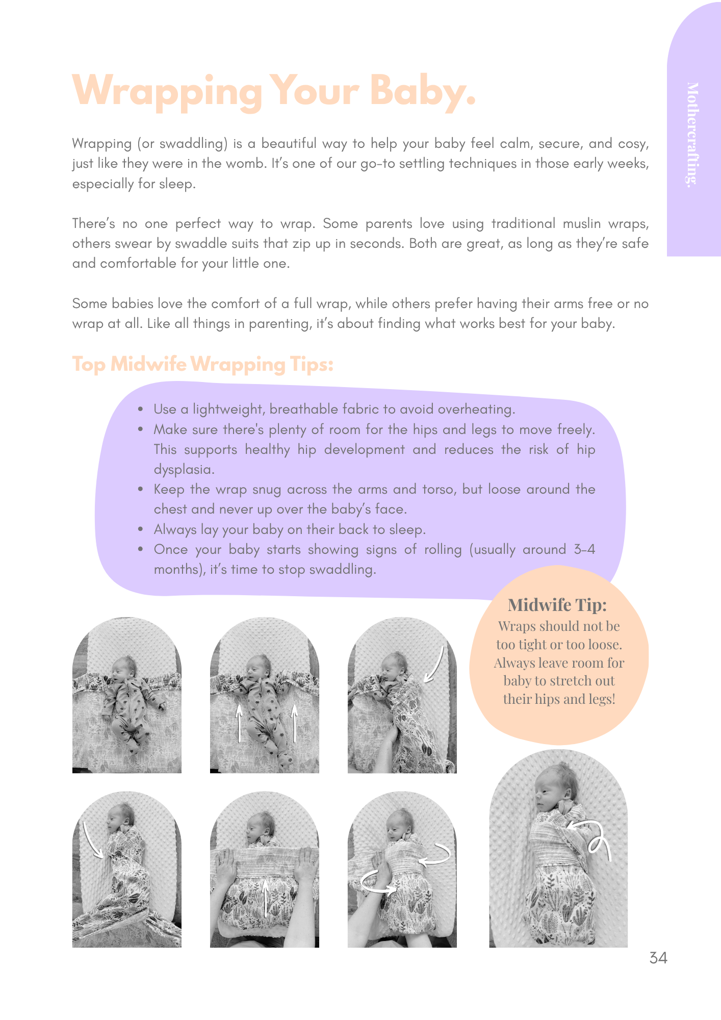 Newborn care advice from the PostPartum eBook including practical midwife tips for wrapping and settling a baby.