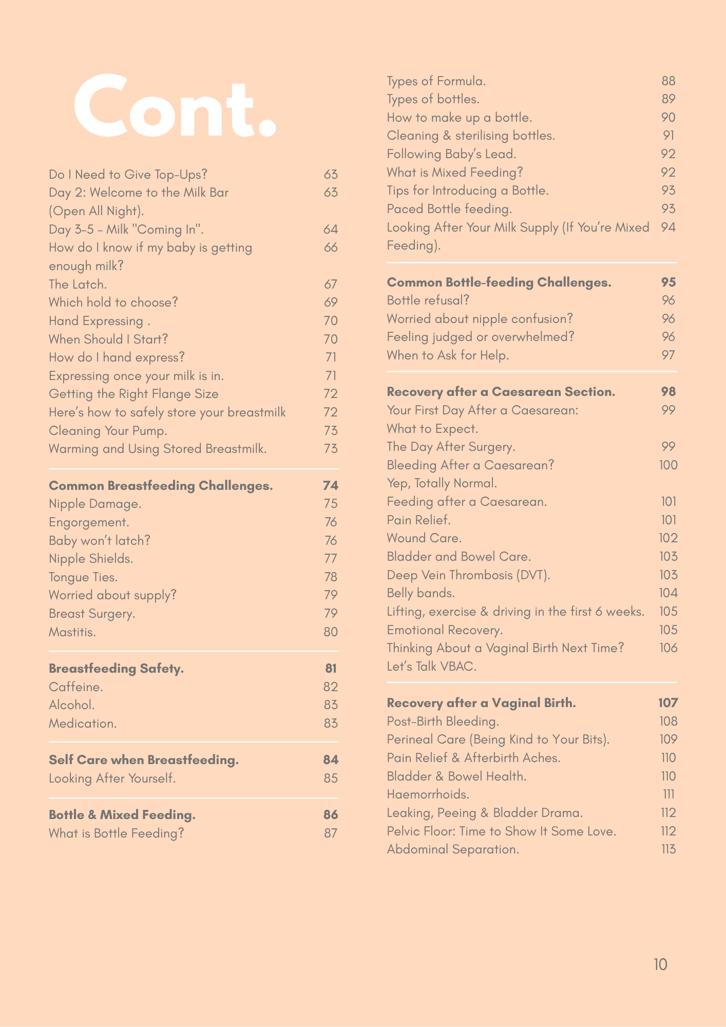 Contents page from the PostPartum eBook showing topics covered in the postpartum and newborn guide.