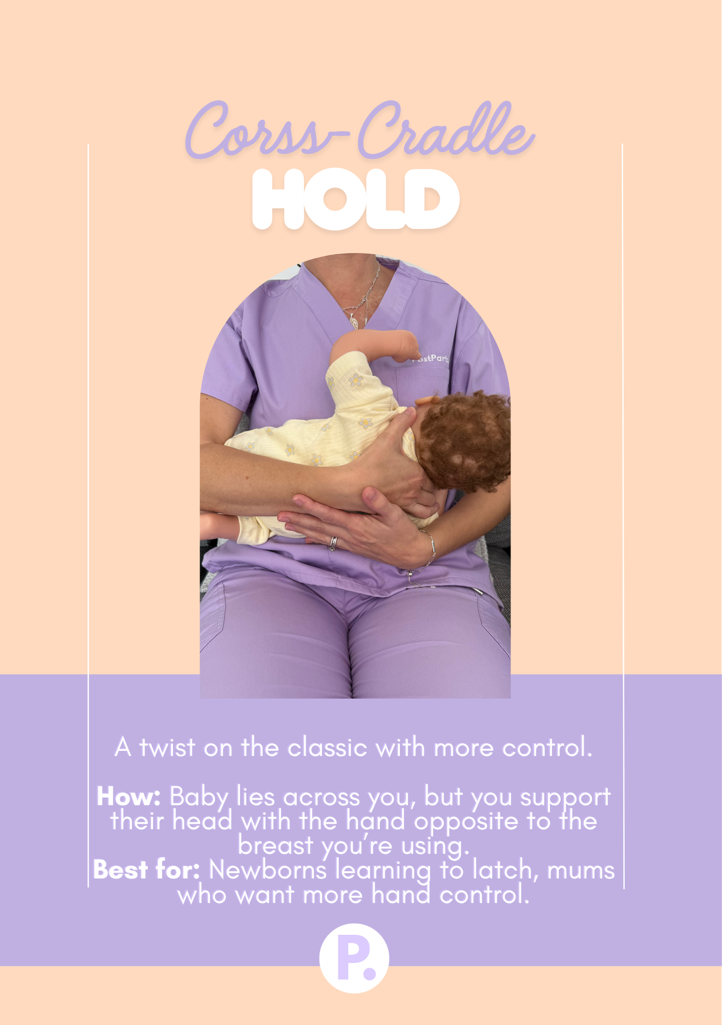 Free breastfeeding positions guide showing common holds for feeding a baby by PostPartum.