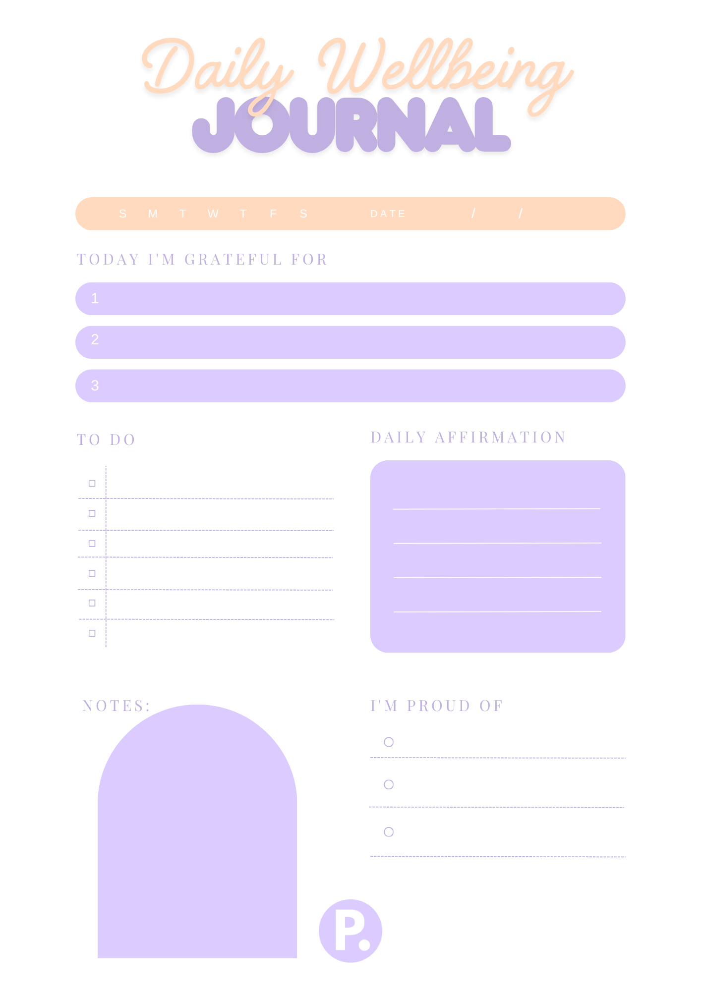 Free printable daily wellbeing journal with gratitude and affirmation prompts by PostPartum.