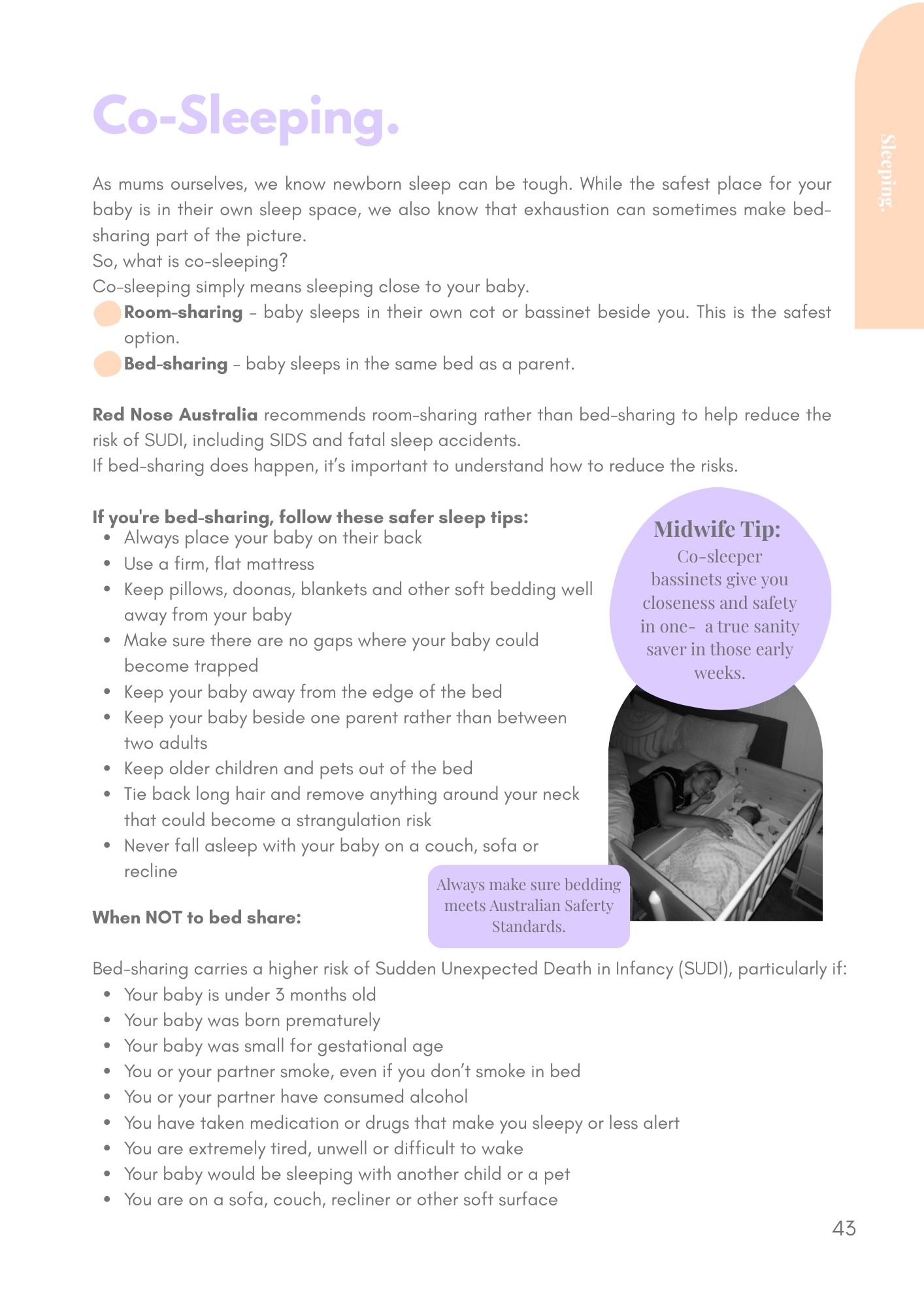 Co-sleeping guidance from the PostPartum eBook, covering practical considerations for safer sleep with a newborn.