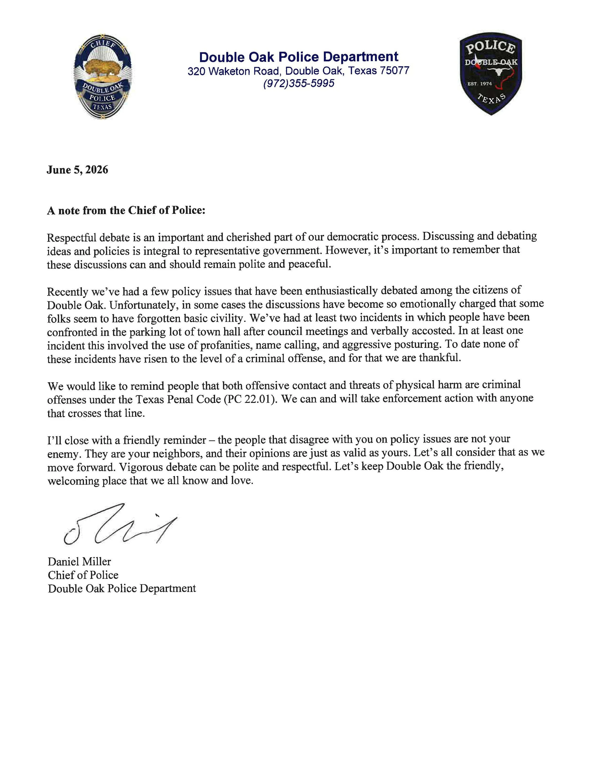 Letter from Chief Dan Miller