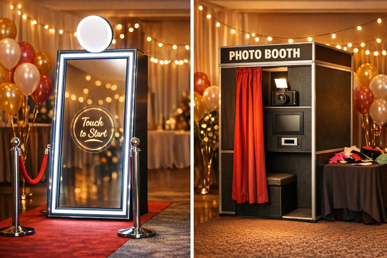 A photo booth setup with a mirror and a sign that says "Touch to Start" on the left, and a separate photo booth with red curtains, a camera, a display screen, and a stool on the right. Both are decorated with balloons and string lights.