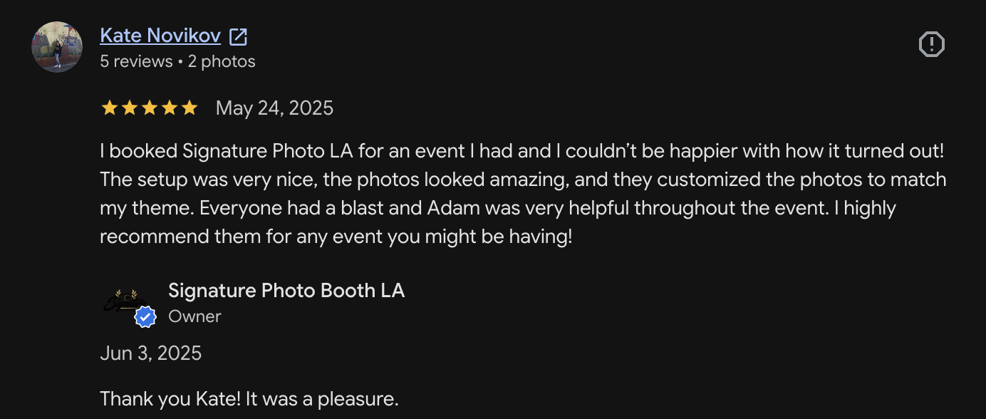 Google Review describing the fantastic experience the customer had.