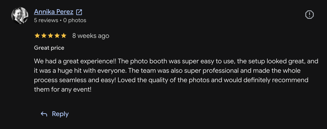Google Review describing the fantastic experience the customer had.