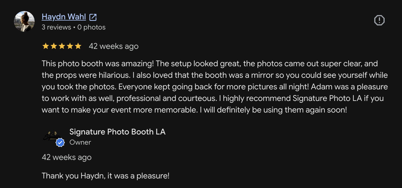 Google Review describing the fantastic experience the customer had.