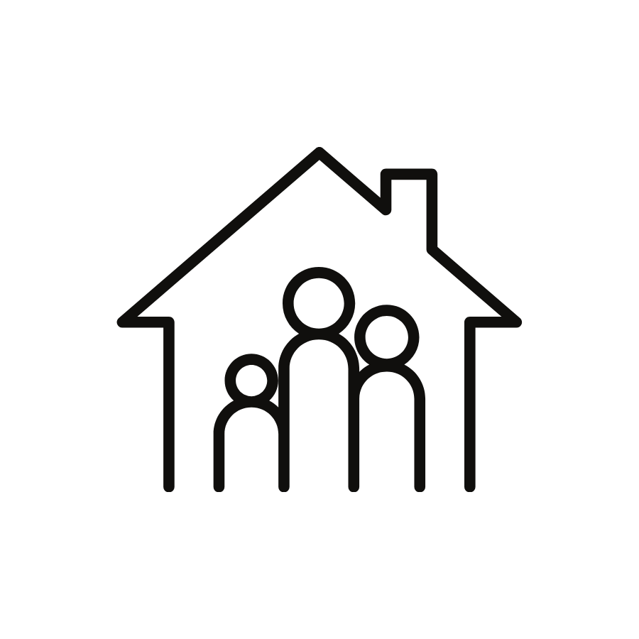 Outline of a house with three people inside, representing a family.