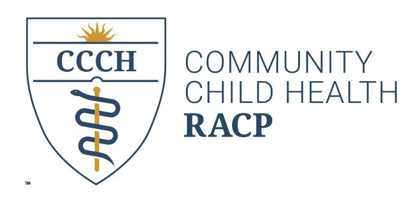 Logo for CCCH Community Child Health RACp featuring a shield with a sun, a snake and staff, and the text 'CCCH Community Child Health RACp'.