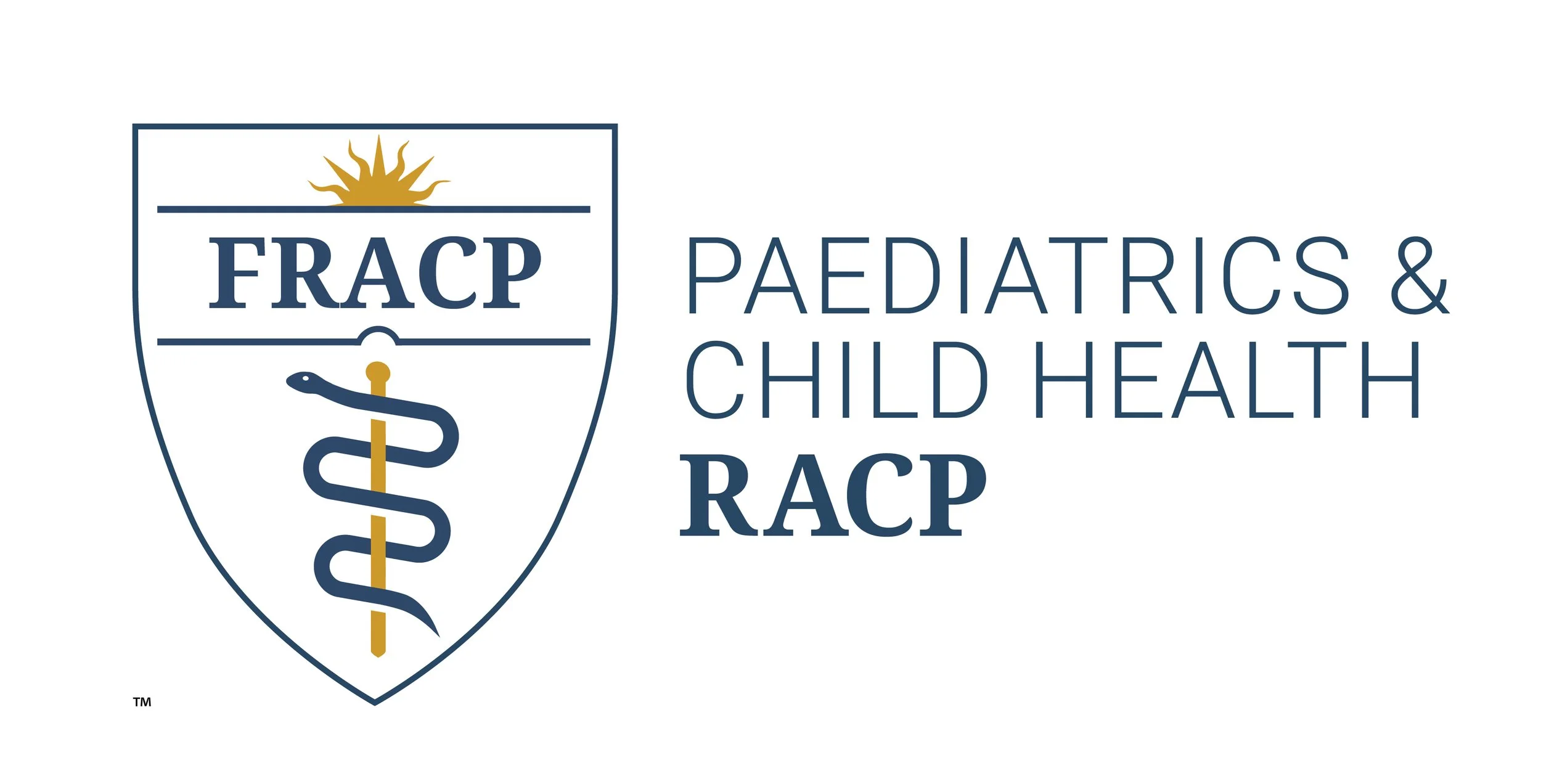 Logo of FRACP Pediatrics & Child Health, featuring a shield with a sun at the top and a medical caduceus symbol in the center.