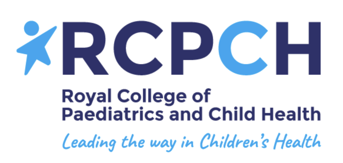 Logo of the Royal College of Paediatrics and Child Health (RCPCH) with a stylized blue figure and the words "RCPCH" and the full name, along with the tagline "Leading the way in Children's Health" in blue cursive.