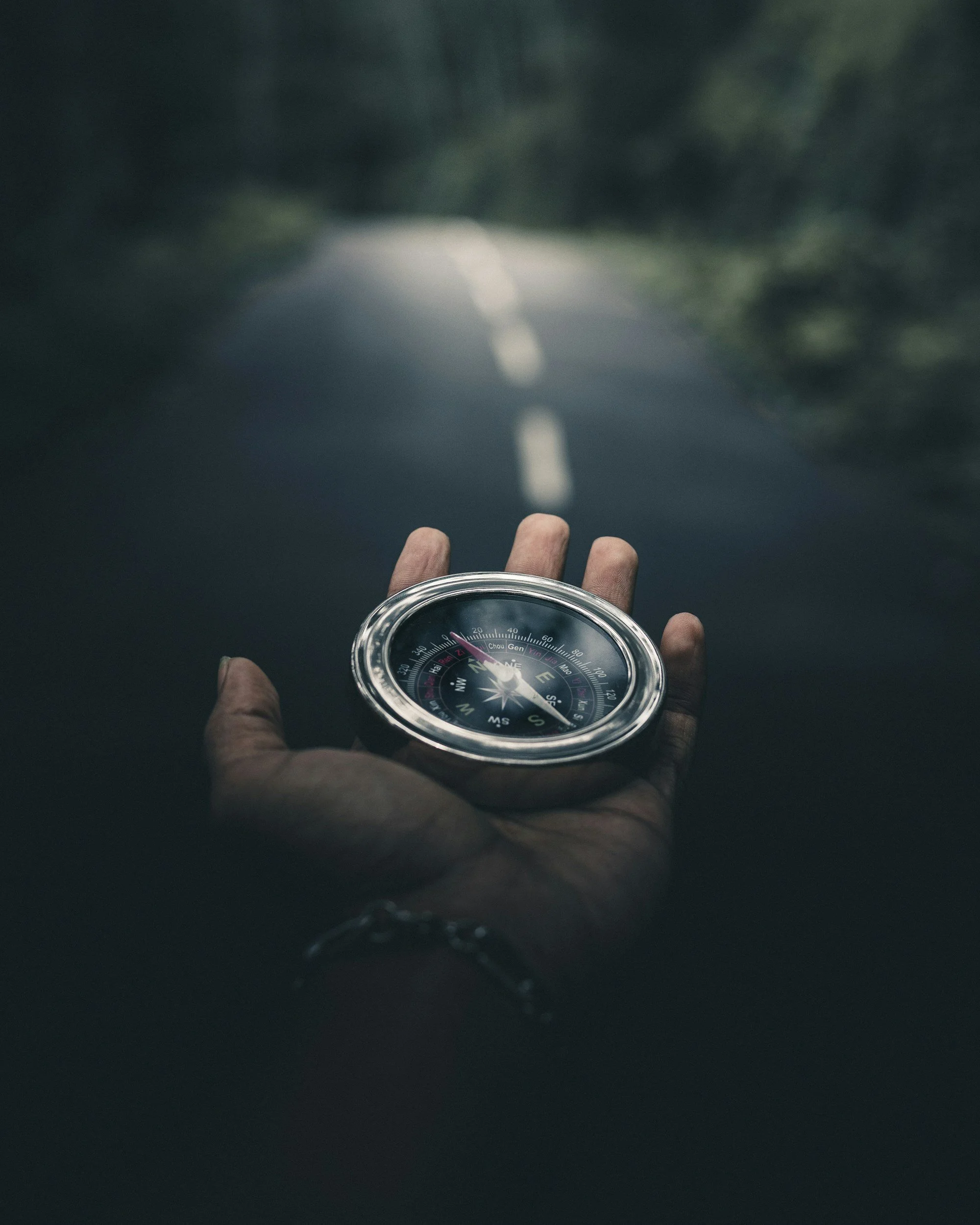 A person’s hand holding a compass above a dark road surrounded by greenery, with a focus on the compass and the hand.