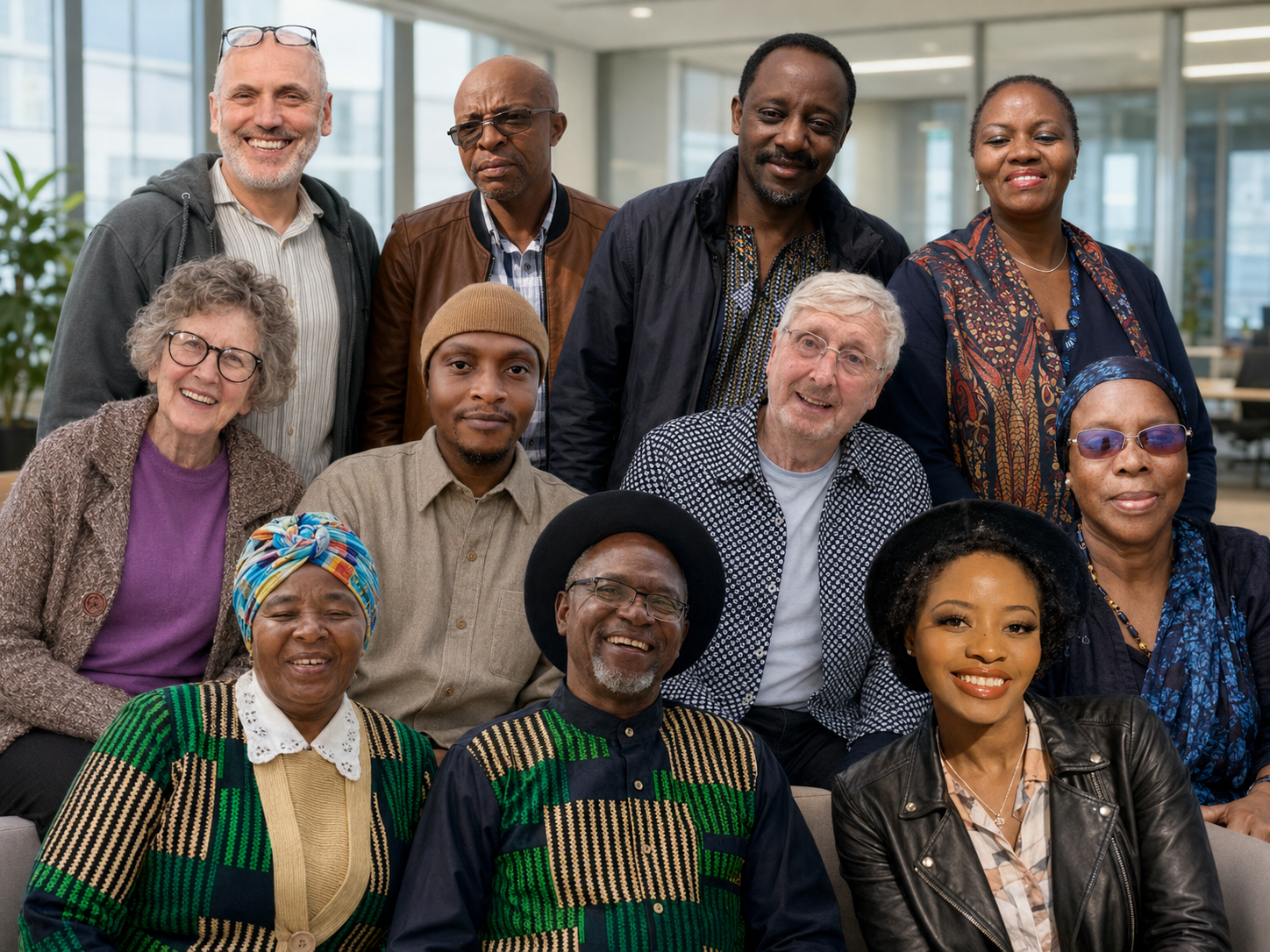 A diverse group of 12 people, including men and women of various ages and ethnicities, gathered in an office space, smiling and posing for a photo.