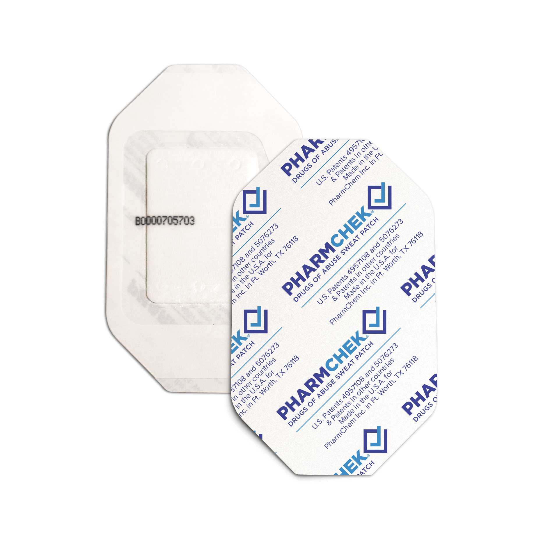 A drug patch with the branding 'PHARMCHECK' and a wrapper with blue text and logos, placed on a black background.